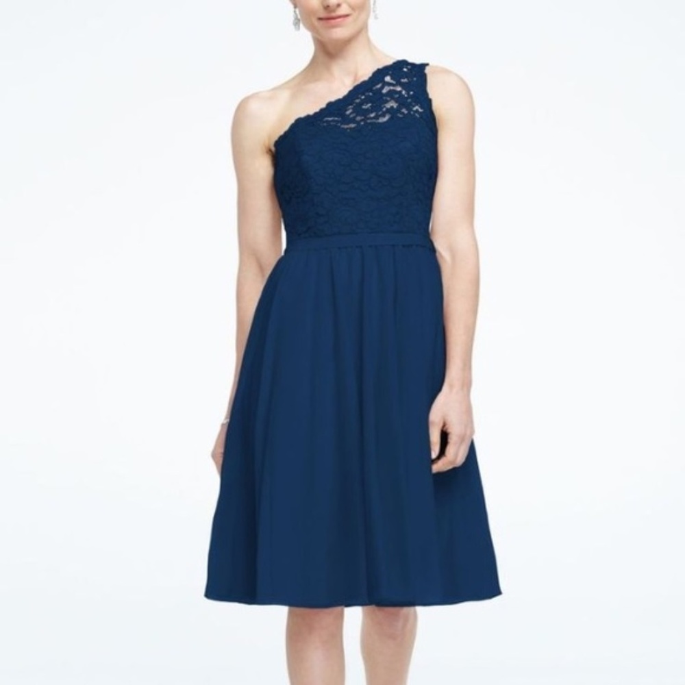 David's Bridal One Shoulder Lace Bridesmaid Dress